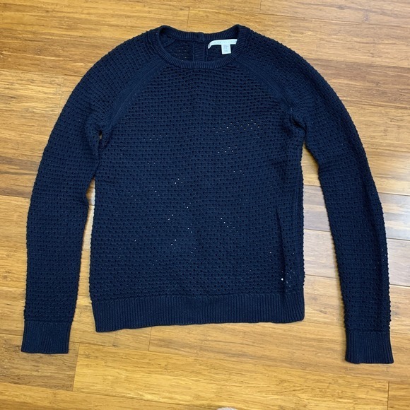 MAX STUDIO Sweater Womens Medium Navy Blue Button Back Open Knit Pullover Cotton - Picture 1 of 6